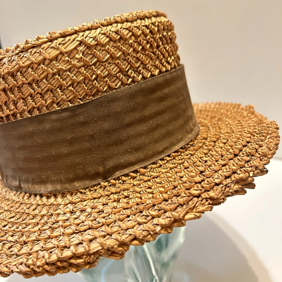 Vtg Antique 1910s 1915 Gordon Boater Woven Straw Hat Skimmer Small 6 7/8 - Image 2 of 4
