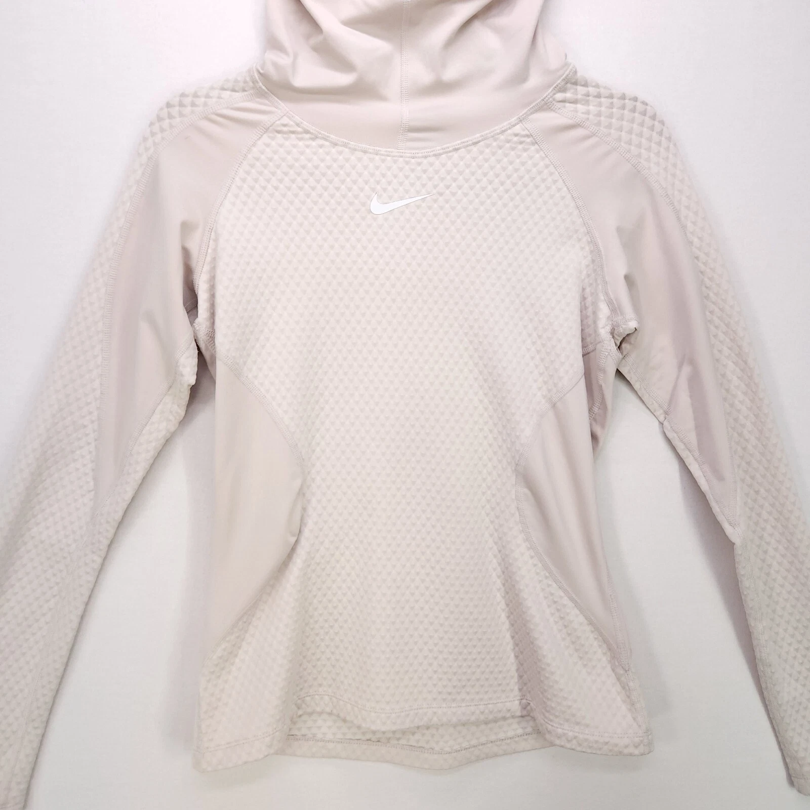 OFF WHITE Nike Pro Hyperwarm maglione donna piccolo con cappuccio beige panna collo cappuccio