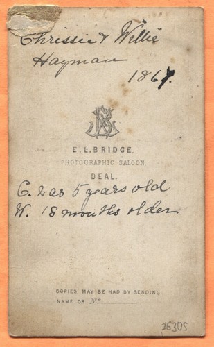CDV Deal England Portrait of Brother & Sister ID'd by Bridge ca 1867 Backstamp - Picture 2 of 3