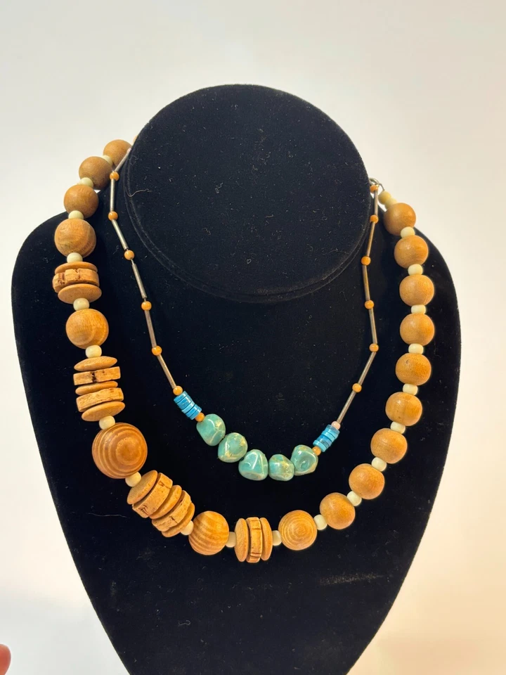 Lote Collares Madera y Piedra Azul Cuentas Gruesas y Delicadas Moda Boho Foto 4 de 4