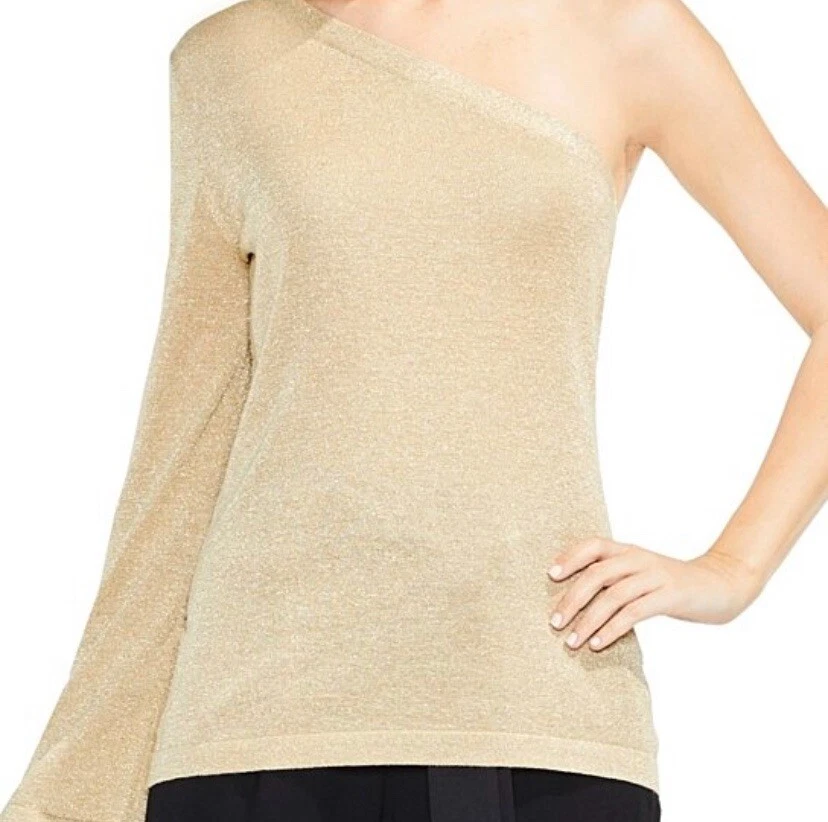 NWT VINCE CAMUTO ONE SHOULDER GOLD METALLIC TOP MSRP 79 Bell Sleeve