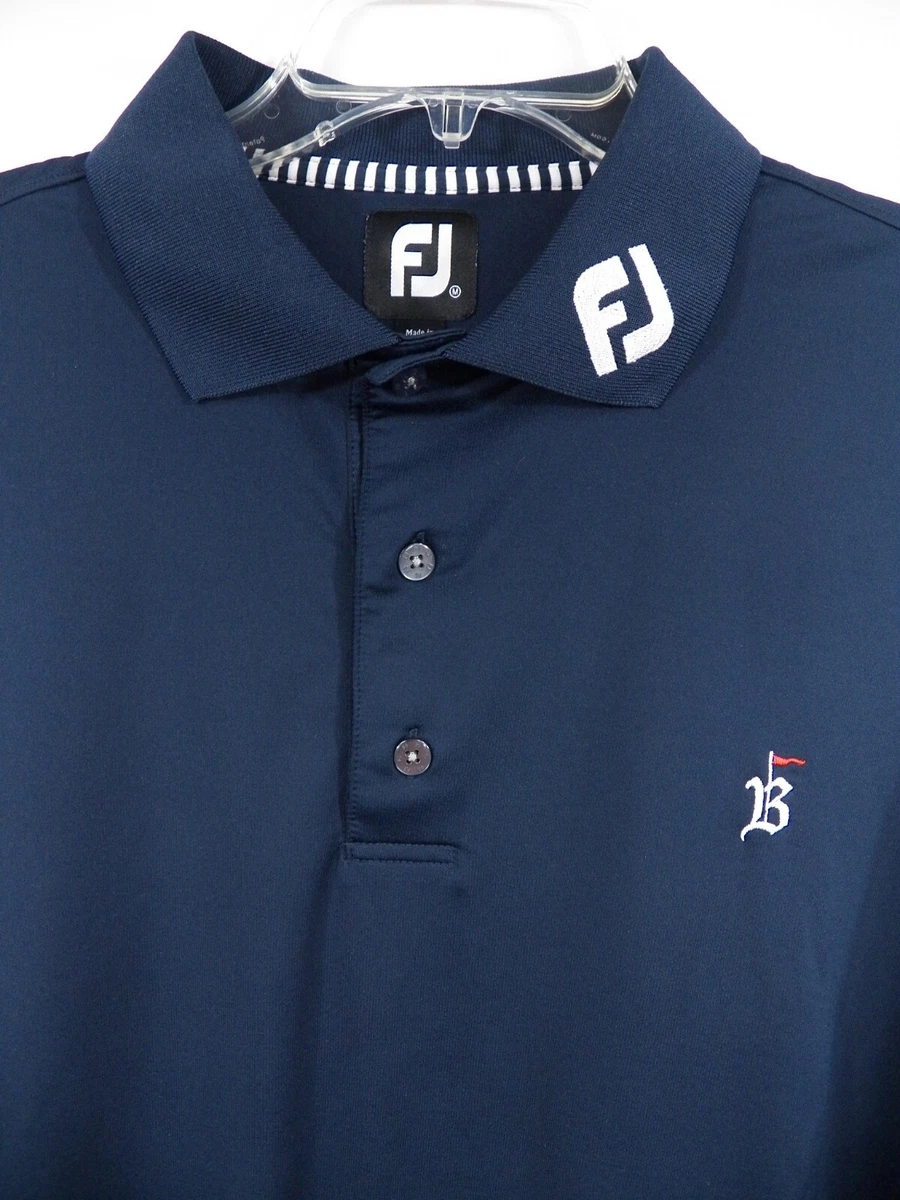 FOOTJOY FJ MENS MEDIUM GOLF POLO SHIRT NAVY BLUE WHITE LOGO POLYESTER STRETCH