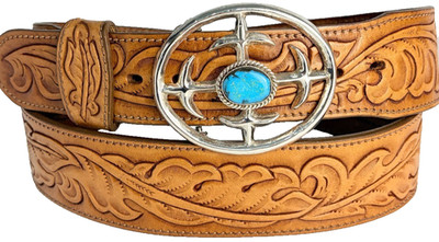 Vintage Sandcast Sterling .925 Oval Belt Sz 38 Genuine Turquoise Tooled Leather