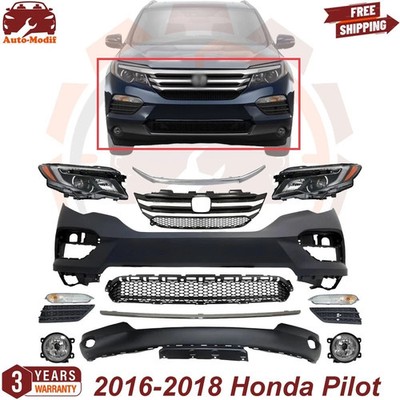 Front Bumper Cover Primed Plastic & Headlights Kit For 2016-2018 Honda Pilot