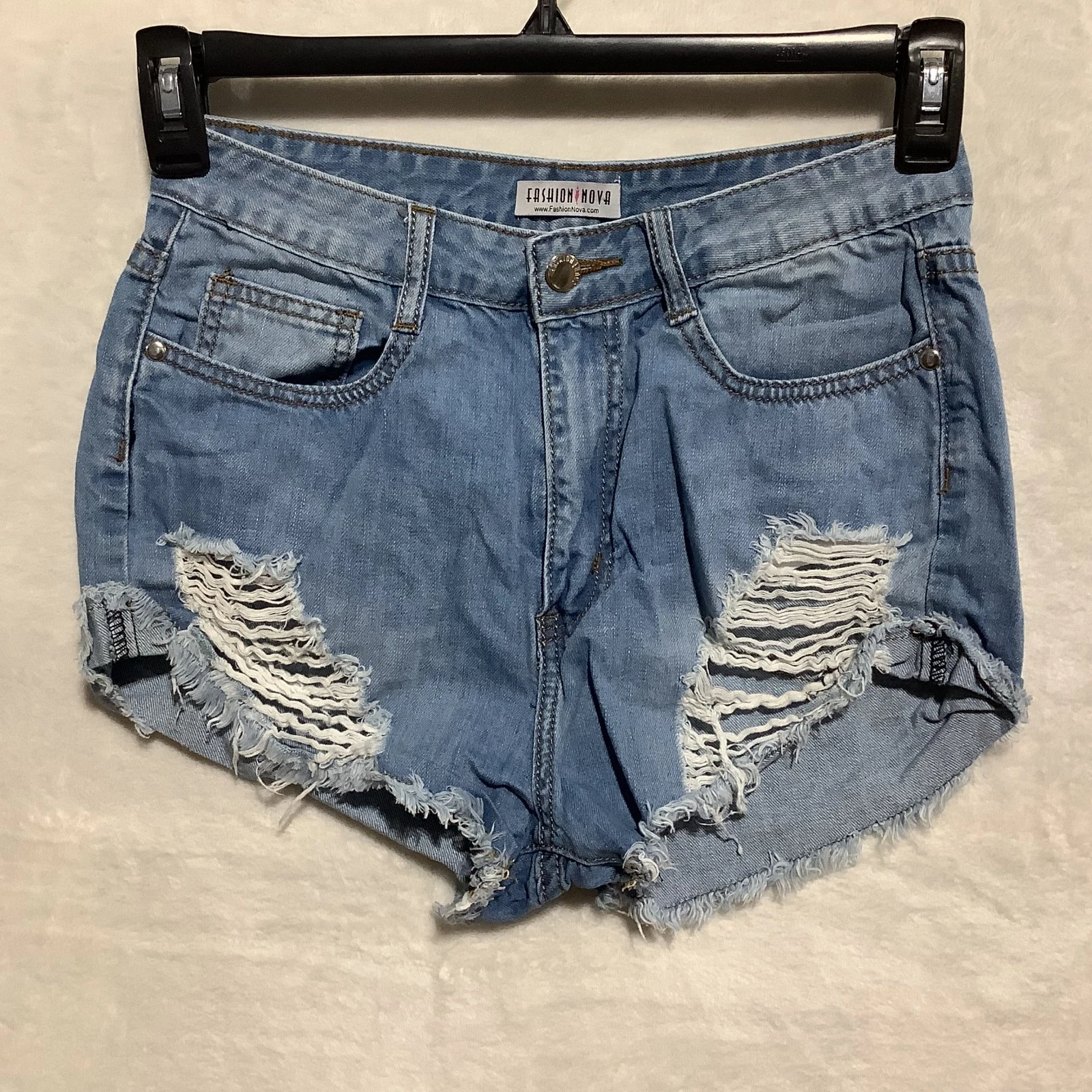 Fashion Nova HighRise Shorts Sz 28 M Shredded Distress Raw Hem CutOffs Hot Pants
