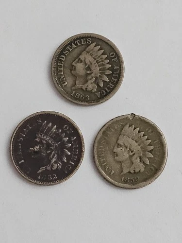 Lot of 3 - US Indian Head One Cent coins - 1859 / 1862 / 1863 - VG to Fine