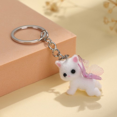 Cute Flocking Cat With Pink Butterfly Wings Keychain 3D Pendant Bag Decor - Imagen 2 de 6