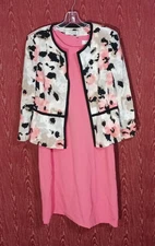 KASPER 2 Piece Open Front Floral Black/ORANGE Sleeveless Dress 3/4 Blazer Sz 8