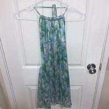 SHEIN Blue Green Floral Chiffon Halter Pleated Mini Dress Backless Size S