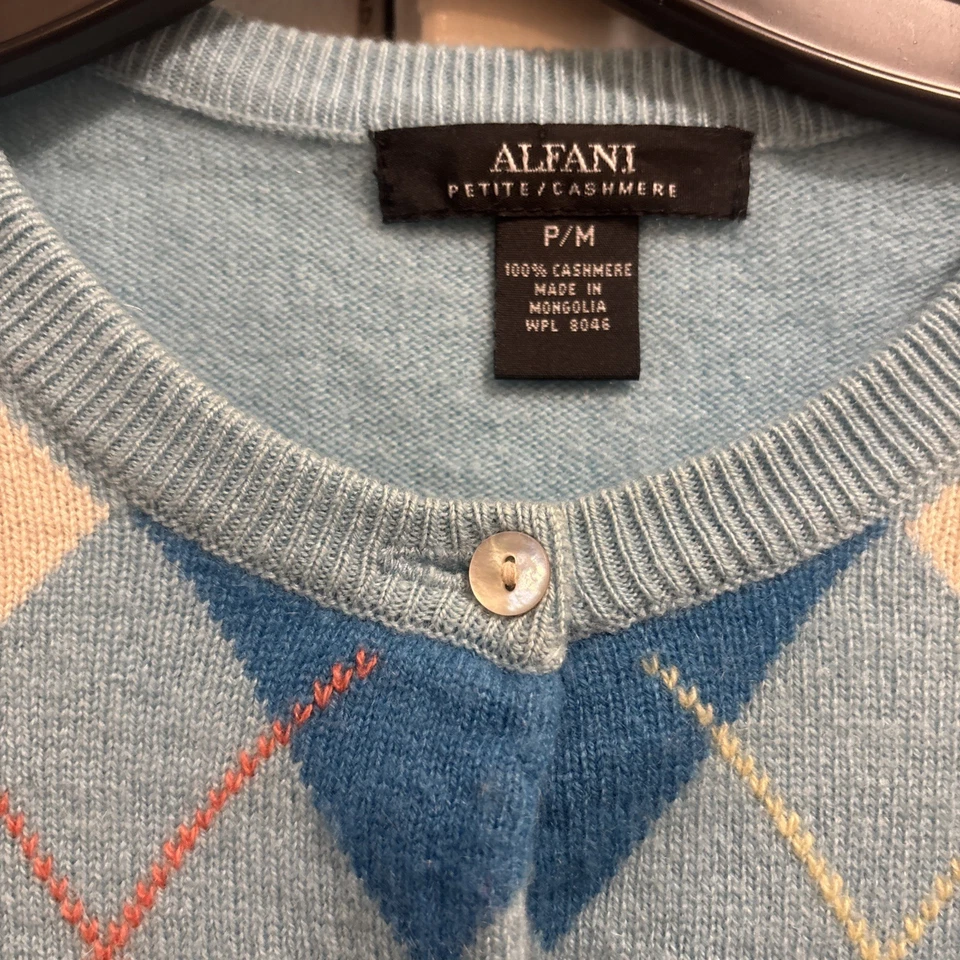 Cárdigan ALFANI 100% CACHEMIR Petite Argyle Colores Azul’s Beige Talla PM Foto 2 de 4