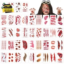265 PCS 40 Sheets Fake Scars Temporary Tattoos, Horror Realistic Wound Stitch Fa