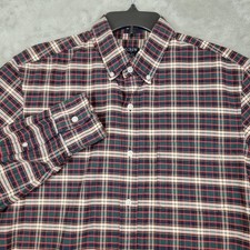 J Crew Flex Oxford Button Down Shirt Mens Medium Slim Fit Red Green Plaid Casual