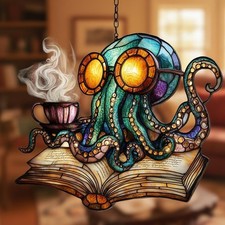 Reading Octopus Acrylic Suncatcher, Window Hanging 2D Flat Decor