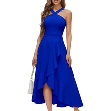 Brand New Royal Blue Halter Neck Ruffle Formal Party Gown Prom Dress Size S
