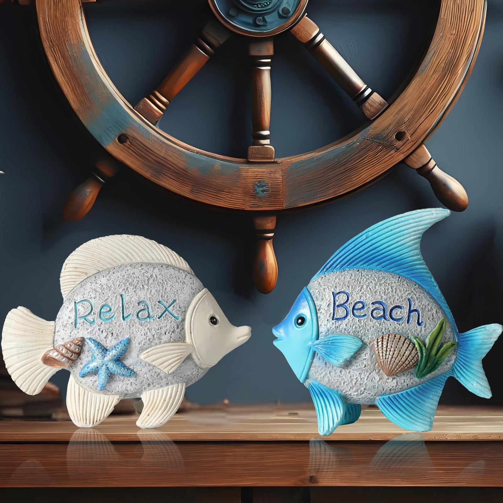 Coastal Charm Resin Fish Figurines - Set of 2 Decorative Relax & Beach Decor ...