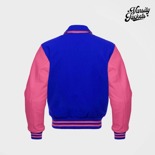 Royal Blue body Light Pink Sleeves Pro Varsity Jacket Letterman Baseball College - Picture 2 of 5