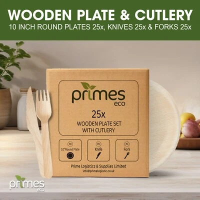 PRIMES ECO Palm Leaf Plates & Wooden Cutlery Set Eco Disposable Party Catering Tableware UK