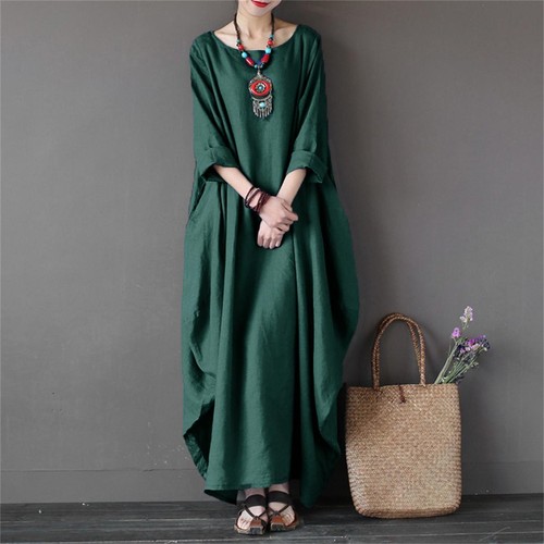 Women's Kaftan Batwing Loose Long Maxi Shirt Dress Linen Cotton Robes Tops Gown - Picture 9 of 17