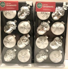 Holiday Winter Wonder Lane 16 Glass Ornaments Silver Pine Cones White Snowflake