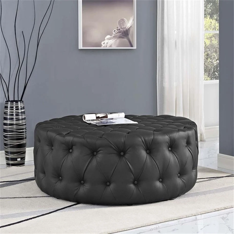 Modway Amour Modern Upholstered Vinyl and Solid Wood Ottoman in Black - Image 2 of 4