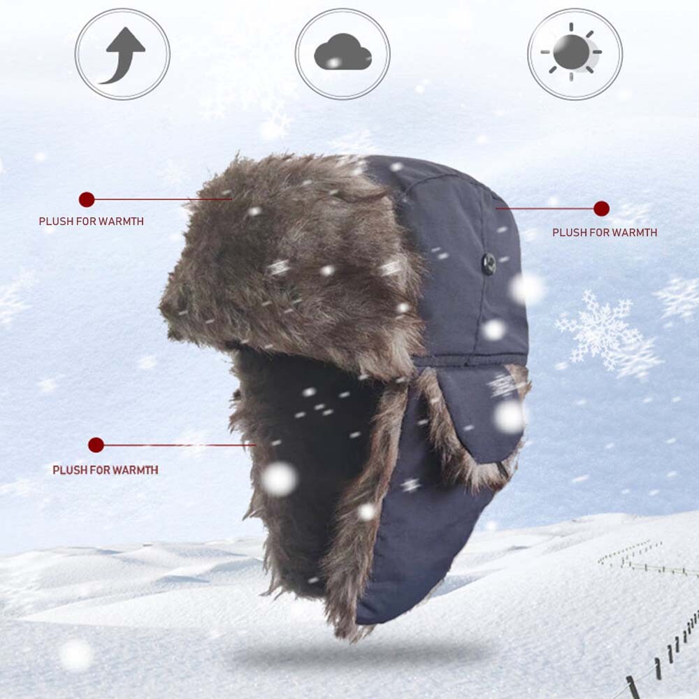 Mens Earmuff Cap Hat Winter Trapper Hats Taslan Ushanka Faux Fur Lined
