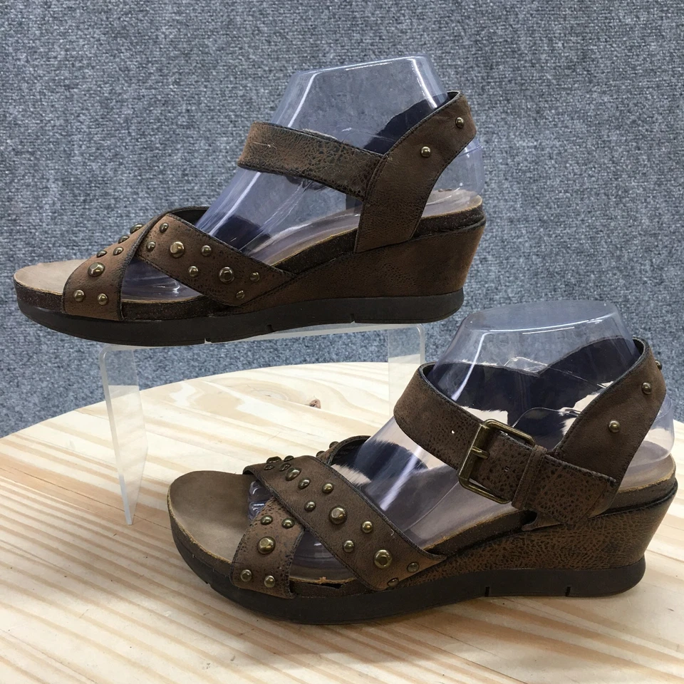 Ruff Hewn Sandals Womens 9.5M Ankle Strap Brown Faux Leather Studded Wedge Heels - Image 2 of 4