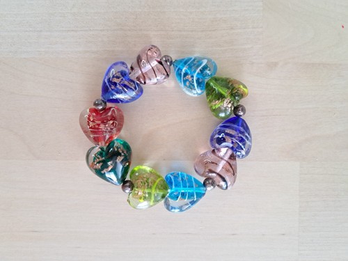 Bracciale perle cuore vetro multicolore stile Murano rame vortice argento distanziali - Foto 2 di 10