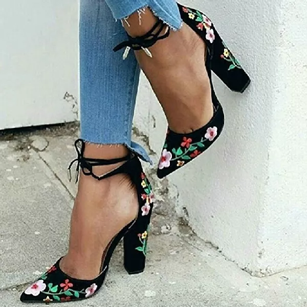 Floral embroidered pointed toe chunky heeled sandals sale