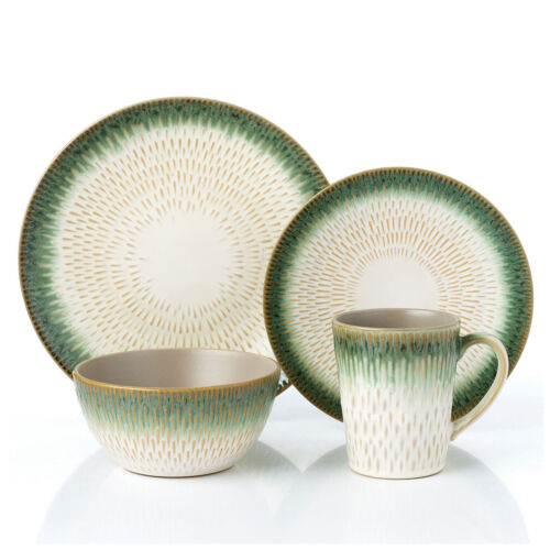 Elegant and Modern Stoneware Dinnerware Set for Parties - Green Drop 16 Piece