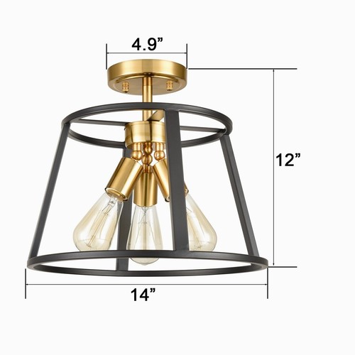3-Light Semi Flush Mount Ceiling Light Modern Brass and Black Ceiling Light - Picture 2 of 7