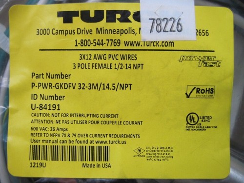 Turck P-PWR-GKDFV 32-3M/14.5/NPT 3x12 Awg wire 3 Pole Female 1/2-14 NPT - Picture 2 of 8