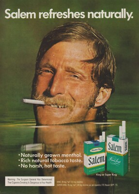1974 Salem Cigarettes - Smoking Guy Submerged In Water To Chin - Print Ad Photo