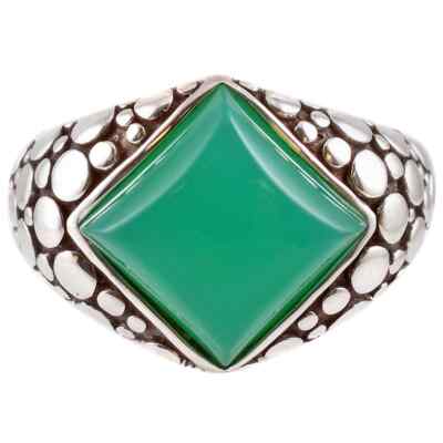 Square Cabochon Green Chrysoprase With 925 Silver Dot Pattern Solitaire Ring
