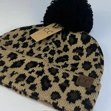 C.C Leopard Print Beanie with Pom Pom