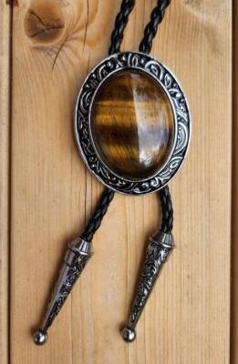 TIGER EYE BROWN OVAL SILVER RODEO COWBOY BOLOTIE WESTERN BOLO TIE