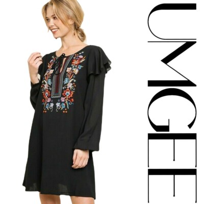 S UMGEE BOUTIQUE BLACK floral Embroidered Tie Neck Dress/Tunic BHCS | eBay