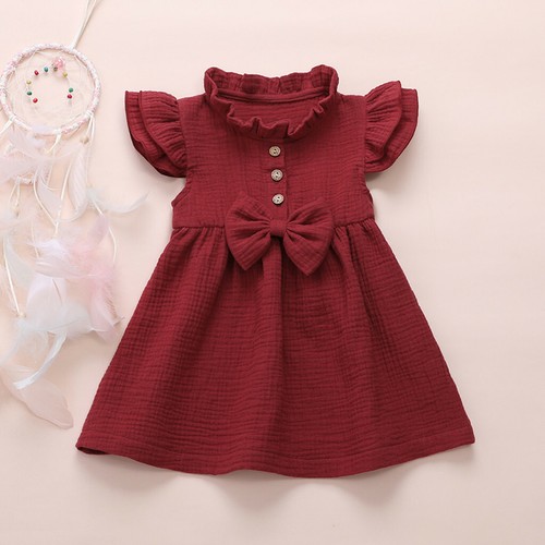 Princess Girls Ruffled Casual Dress Toddler Kids Baby Solid Bow Linen Clothes - Picture 6 of 17