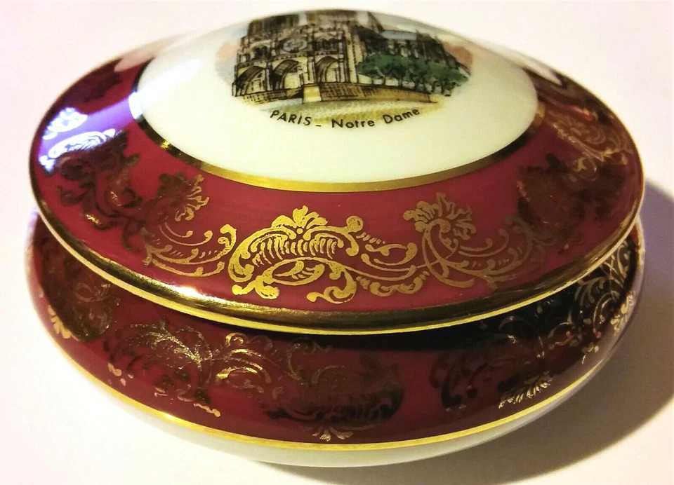 复古 Limoges Notre Dame 瓷陶瓷金红色盒 法国 1960 年 礼物 罕见 — 第 4/4 张图片