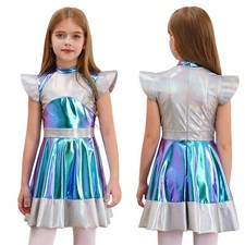 Kids Girls Alien Cosplay Shiny Metallic Fancy Dress Theme Party Costume Holiday
