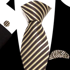 Classic Striped Brown Gold Jacquard Silk Men's Tie Necktie Hanky Cufflink Set