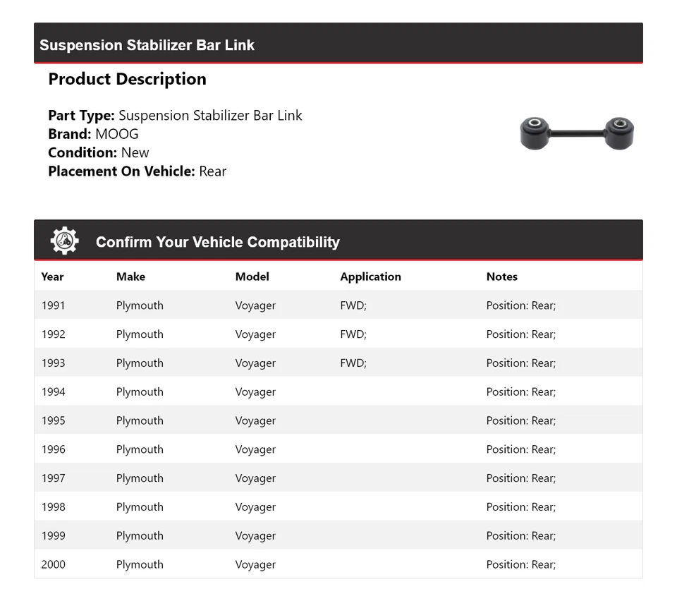 Barra estabilizadora de suspensión trasera MOOG 1991-2000 para Plymouth Voyager 1991 Foto 2 de 4