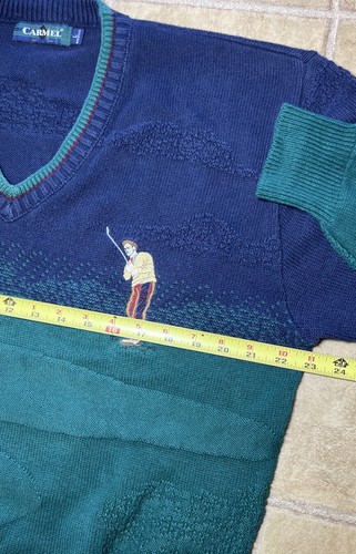 Suéter de Colección Carmel Tejido 3D Escena de Golf Para Hombres Grande Verde y Azul Cuello en V Algodón - Imagen 3 de 8