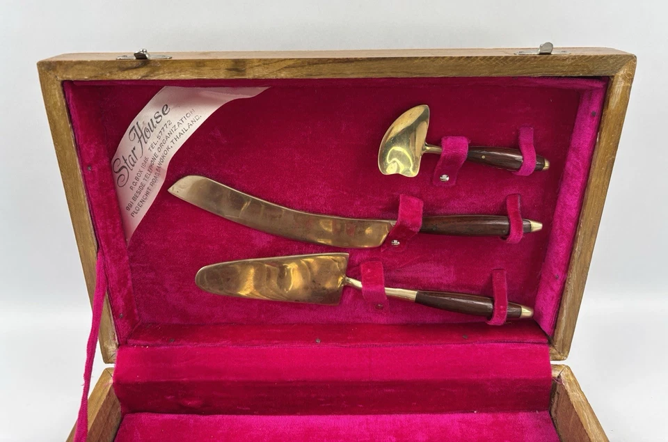 Juego de 8 cubiertos de postre de latón teca vintage Tailandia Siam con estuche de madera Foto 2 de 4