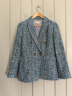 Loft Blue Tweed Double Breasted Blazer Jacket 4P Petite Gold Button Textured