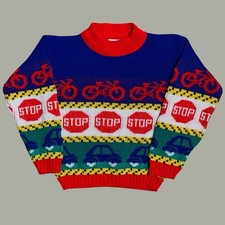 Vintage 70s Kids Bike Print Knit Sweater