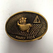 Bergamot Brass Works Oval Belt Buckle "FAMILY PADS" Pig Farming 1977 Made in USA