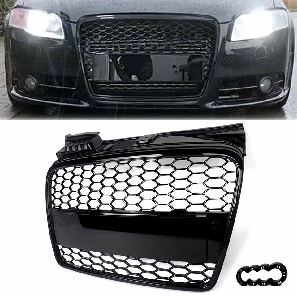For 2005-2008 Audi A4 B7 RS4 Style Front Bumper Honeycomb Grille Gloss Black - Imagem 2 de 4