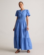 Quince Women 100% Organic Cotton Poplin Tiered Maxi Dress TRUE Blue L