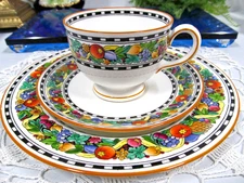 Wedgwood tea cup and saucer trio Manilla pattern painted fruits teacup set