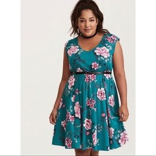 Torrid Turquoise Pink Floral V-Neck Sleeveless Skater Dress Sz 00 L Rayon